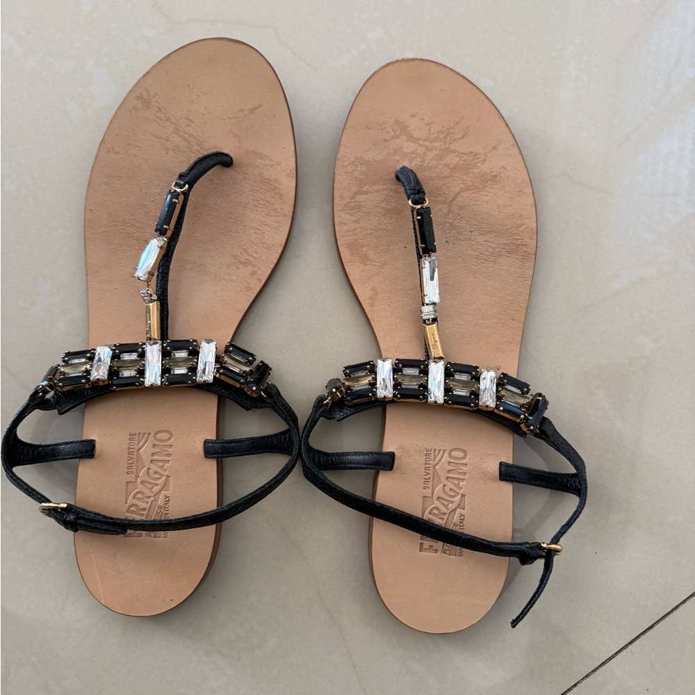 Salvatore Ferragamo Black and Tan Sandals with Crystal Accents